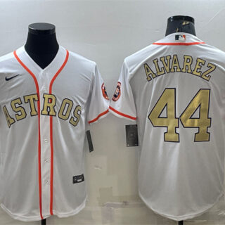 Men's Houston Astros #44 Yordan Alvarez White Gold 2022 World Series Stitched Baseball Jersey