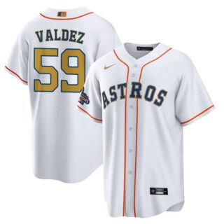 Men's Houston Astros #59 Framber Valdez White Gold Cool Base Stitched Baseball Jersey