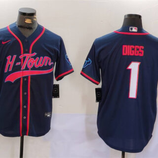 Men's Houston Texans #1 Stefon Diggs Navy With Patch Cool Base Stitched Baseball Jersey