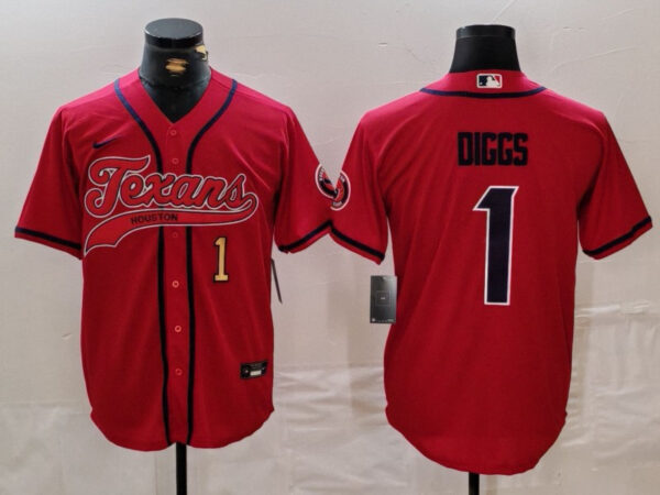 Men's Houston Texans #1 Stefon Diggs Red With Patch Cool Base Stitched Baseball Jerseys