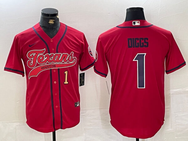 Men's Houston Texans #1 Stefon Diggs Red With Patch Cool Base Stitched Baseball Jerseys