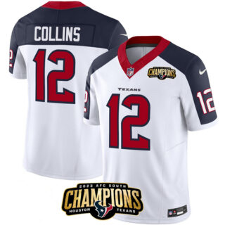 Men's Houston Texans #12 Nico Collins White Navy 2023 F.U.S.E. AFC South Champions Patch Limited Stitched Football Jersey