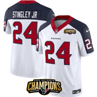 Men's Houston Texans #24 Derek Stingley Jr. White Navy 2023 F.U.S.E. With AFC South Champions Patch And Team Logo Patch Limited Stitched Football Jersey