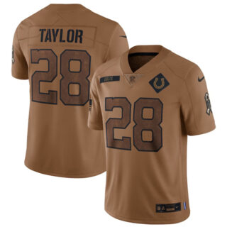 Men's Indianapolis Colts #28 Jonathan Taylor 2023 Brown Salute To Sertvice Stitched Football Jersey