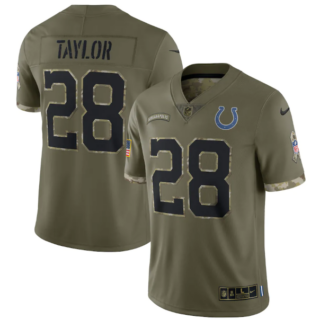 Men's Indianapolis Colts #28 Jonathan Taylor Olive 2022 Salute To Service Limited Stitched Jersey