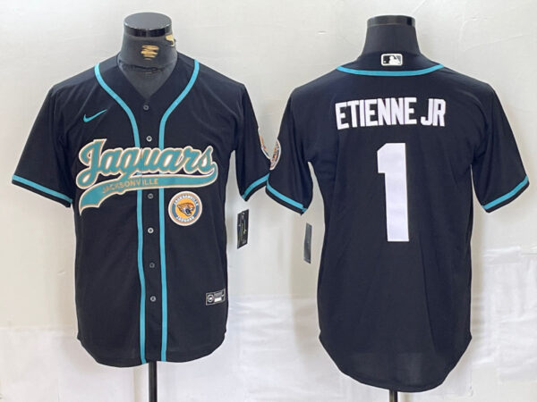Men's Jacksonville Jaguars #1 Travis Etienne Jr. Black With Patch Cool Base Stitched Baseball Jerseys