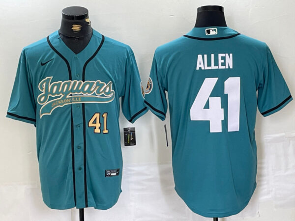Men's Jacksonville Jaguars #41 Josh Allen Teal With Patch Cool Base Stitched Baseball Jerseys