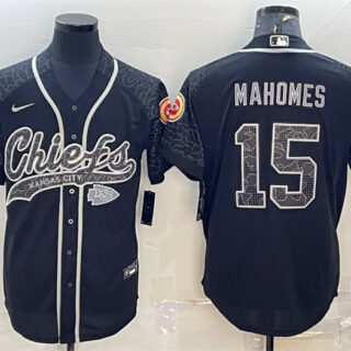 Men's Kansas City Chiefs #15 Patrick Mahomes Black Reflective With Patch Cool Base Stitched Baseball Jersey