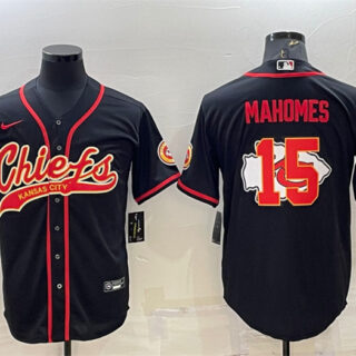 Men's Kansas City Chiefs #15 Patrick Mahomes Black Team Big Logo With Patch Cool Base Stitched Baseball Jersey