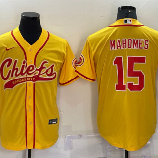 Men's Kansas City Chiefs #15 Patrick Mahomes Gold With Patch Cool Base Stitched Baseball Jersey