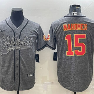 Men's Kansas City Chiefs #15 Patrick Mahomes Grey With Patch Cool Base Stitched Baseball Jersey