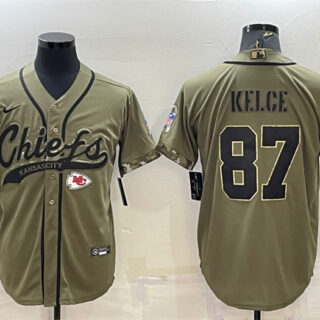 Men's Kansas City Chiefs #87 Travis Kelce 2022 Olive Salute To Service Cool Base Stitched Baseball Jersey