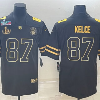 Men's Kansas City Chiefs #87 Travis Kelce Black Golden Super Bowl LV And Super Bowl LVII Patch Vapor Limited Stitched Jersey