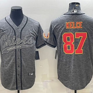 Men's Kansas City Chiefs #87 Travis Kelce Grey With Patch Cool Base Stitched Baseball Jersey