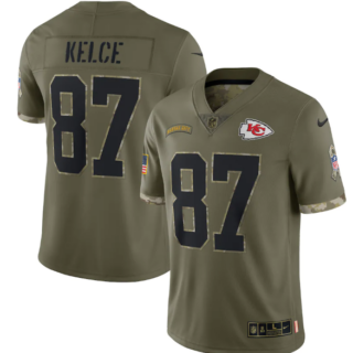 Men's Kansas City Chiefs #87 Travis Kelce Olive 2022 Salute To Service Limited Stitched Jersey