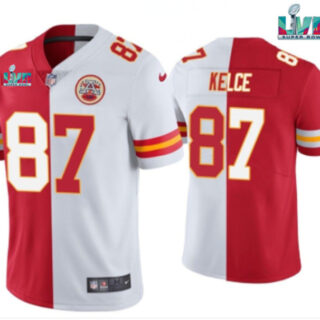 Men's Kansas City Chiefs #87 Travis Kelce Red & White Split Super Bowl LVII Patch Limited Stitched Jersey