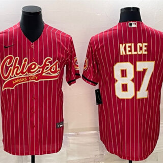 Men's Kansas City Chiefs #87 Travis Kelce Red With Patch Cool Base Stitched Baseball Jersey