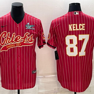 Men's Kansas City Chiefs #87 Travis Kelce Red With Super Bowl LVII Patch Cool Base Stitched Baseball Jersey