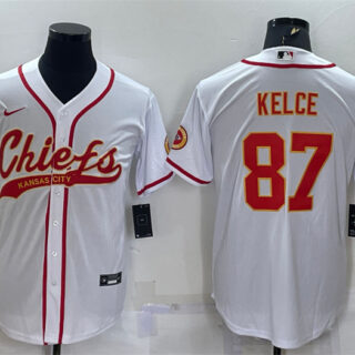 Men's Kansas City Chiefs #87 Travis Kelce White With Patch Cool Base Stitched Baseball Jersey