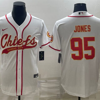Men's Kansas City Chiefs #95 Chris Jones White With Patch Cool Base Stitched Baseball Jersey
