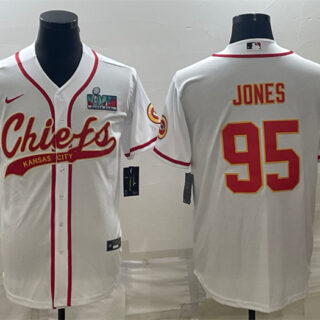 Men's Kansas City Chiefs #95 Chris Jones White With Super Bowl LVII Patch Cool Base Stitched Baseball Jersey