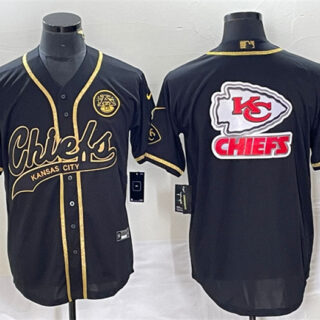 Men's Kansas City Chiefs Black Gold Team Big Logo With Patch Cool Base Stitched Baseball Jersey