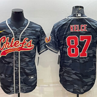 Men's Kansas City Chiefs Blank #87 Travis Kelce Grey Navy Camo With Patch Cool Base Stitched Baseball Jersey