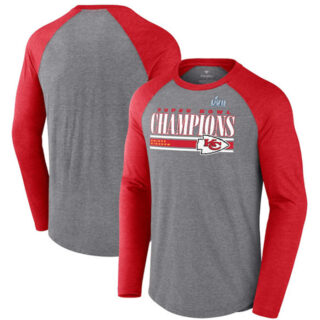 Men's Kansas City Chiefs Gray Red Super Bowl LVII Champions Perfect Addition Tri-Blend Raglan Long Sleeve T-Shirt
