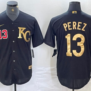 Men's Kansas City Royals #13 Salvador Perez Black Gold Cool Base Stitched Jersey5