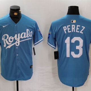 Men's Kansas City Royals #13 Salvador Perez Light Blue Cool Base Stitched Jersey