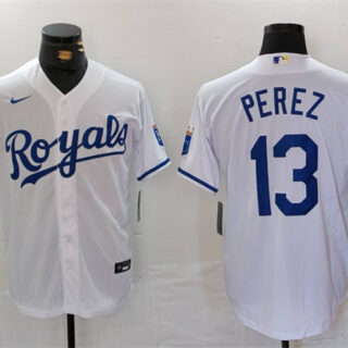 Men's Kansas City Royals #13 Salvador Perez White Cool Base Stitched Jersey