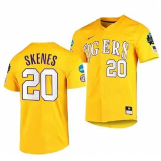Men's LSU Tigers #20 Paul Skenes Gold 2023 College World Series Stitched Baseball Jersey