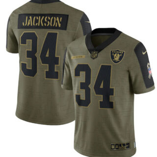 Men's Las Vegas Raiders #34 Bo Jackson 2021 Olive Salute To Service Limited Stitched Jersey