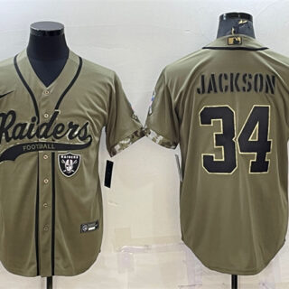 Men's Las Vegas Raiders #34 Bo Jackson 2022 Olive Salute To Service Cool Base Stitched Baseball Jersey