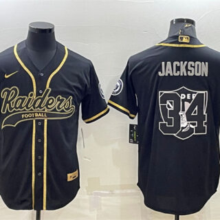 Men's Las Vegas Raiders #34 Bo Jackson Black Gold Team Big Logo With Patch Cool Base Stitched Baseball Jersey