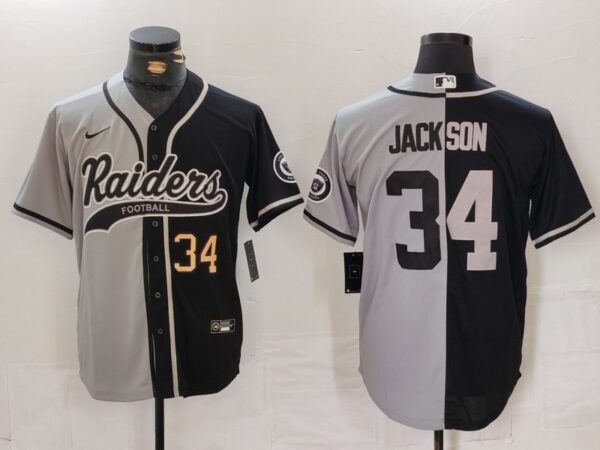 Men's Las Vegas Raiders #34 Bo Jackson Grey Black Split Cool Base Stitched Baseball Jersey