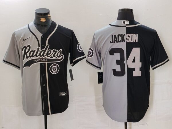 Men's Las Vegas Raiders #34 Bo Jackson Grey Black Split Cool Base Stitched Baseball Jersey
