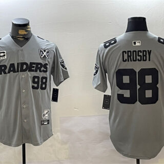 Men's Las Vegas Raiders #98 Maxx Crosby Grey With Nevada Silver Stat Patch And 65th Anniversary Patch 3-Star C Patch Stitched Baseball Jersey