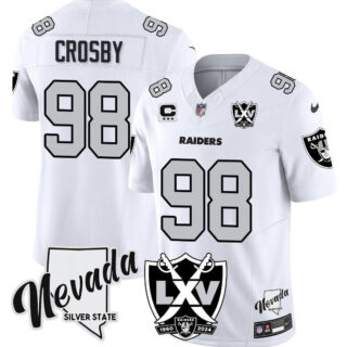 Men's Las Vegas Raiders #98 Maxx Crosby White 2024 F.U.S.E With Nevada Silver Stat Patch And 65th Anniversary Patch 3-Star C Patch Stitched Football Jersey