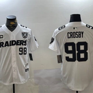 Men's Las Vegas Raiders #98 Maxx Crosby White With Nevada Silver Stat Patch And 65th Anniversary Patch 3-Star C Patch Stitched Baseball Jersey