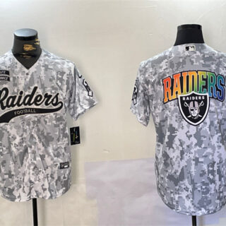 Men's Las Vegas Raiders Team Big Logo 2024 Arctic Camo Salute To Service Stitched Baseball Jersey