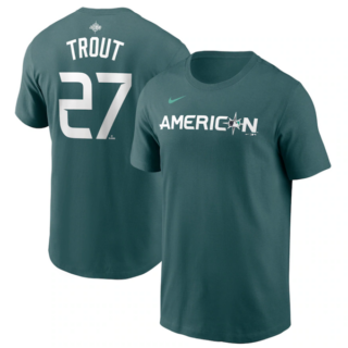 Men's Los Angeles Angels #27 Mike Trout Teal 2023 All-Star Name & Number T-Shirt