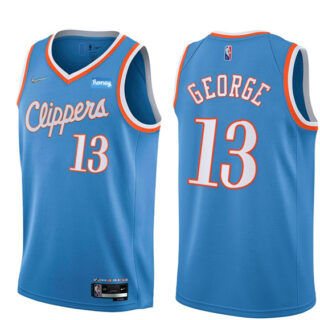 Men's Los Angeles Clippers #13 Paul George 2021 22 City Edition Light Blue 75th Anniversary Stitched Basketball Jersey