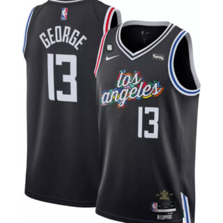 Men's Los Angeles Clippers #13 Paul George Black 2022 23 City Edition With NO.6 Patch Stitched Jersey