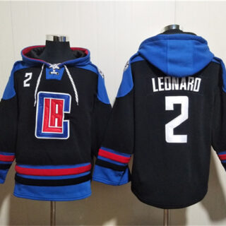 Men's Los Angeles Clippers #2 Kawhi Leonard Black Blue Lace-Up Pullover Hoodie