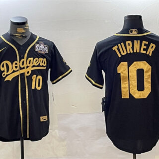 Men's Los Angeles Dodgers #10 Justin Turner Black Gold 2024 World Series Cool Base Stitched Baseball Jersey