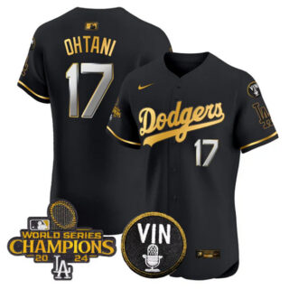 Men's Los Angeles Dodgers #17 Shohei Ohtani Black Gold 2024 World Series Champions With Vin Patch Vapor Limited Stitched Baseball Jersey