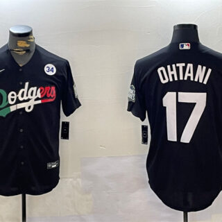 Men's Los Angeles Dodgers #17 Shohei Ohtani Black Mexico 2024 World Series With No. 34 Patch Cool Base Stitched Baseball Jersey