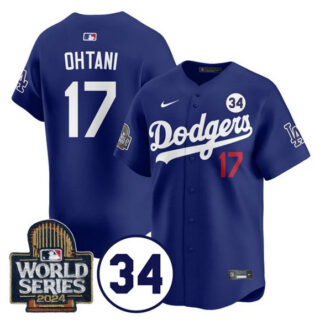 Men's Los Angeles Dodgers #17 Shohei Ohtani Royal 2024 World Series With No. 34 Patch Limited Stitched Baseball Jersey
