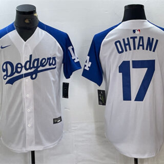 Men's Los Angeles Dodgers #17 Shohei Ohtani White Blue Vin Patch Cool Base Stitched Baseball Jersey